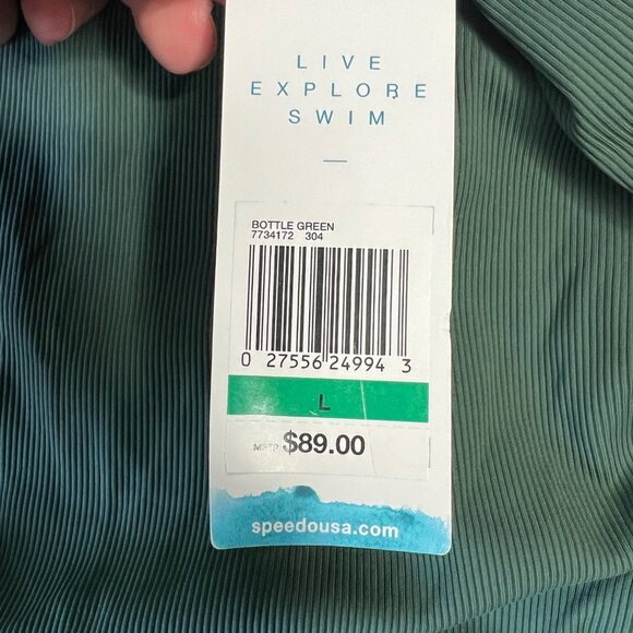 NWT Speedo Micro Ribbed Crossback One Piece Swimsuit High Cut Bottle Green L - Picture 3 of 11